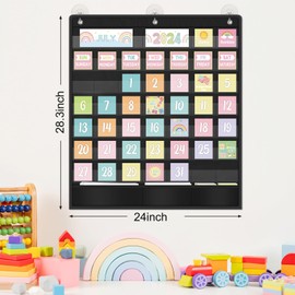 Pastel Classroom Calendar Pocket Chart for Kids Learning with 121 Cards, Black Classroom Calendar Set, Classroom Pocket Calendar Chart for Preschool Elementary Classroom Must Haves Supplies