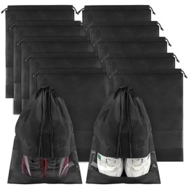 Shoe Bags for Travel, 10 Pcs Large Black Travel Shoe Bags for Packing, Non-Woven Drawstring Travel Shoe Storage Bag with Clear Window, Travel Shoe Bags for Packing for Men Women（12.6" X 17.3" ）