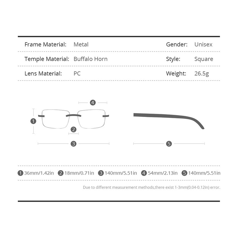 HEPIDEM 100% Really Buffalo Horn Handmade Glasses Square Rimless Luxury
