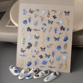Blue Rose Butterfly 3D Embossed Nail Stickers, Self-Adhesive Durable Nail Art Decals for Women Girls, Nail Decoration Manicure for DIY Acrylic Nail Accessories