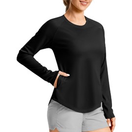 Women's UPF50+ Sun Protection Shirts with Zip Pocket Long Sleeve Workout Tops for Swimming Hiking Quick Dry Rash Guard(Black, XL)