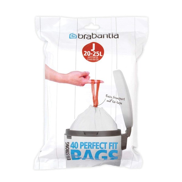 Brabantia PerfectFit Trash Bags (Size J/5.3-6.6 Gal) Thick Plastic Trash Can Liners with Drawstring Handles (40 Bags)