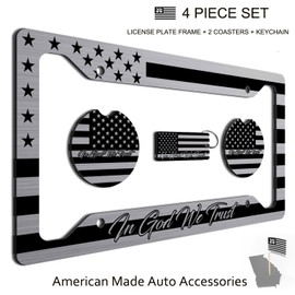 American Flag in God We Trust License Plate Frame + Coasters + Keychain - Perfect for God and Country Lovers - Tactical Patriot Brush License Plate Frame Made in USA