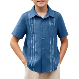Arshiner Boys Cotton Linen Guayabera Shirt Embroidered Button Down Shirt Blue 9-10 Years
