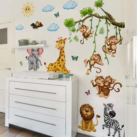 LOONELO Jungle Safari Wall Stickers – Peel & Stick 3D Cartoon Tree Branch Cloud Lion Giraffe Leopard Elephant Monkey Butterfly Decals, Removable Vinyl Mural for Nursery Bedroom Decor