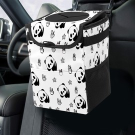 Car Trash Can Black and White Cute Little Panda Baby Small Auto Garbage Bag with Lid Hanging for Front Seat Car Accessories Collapsible Waterproof Car Organizer Storage Box for SUV Sedan
