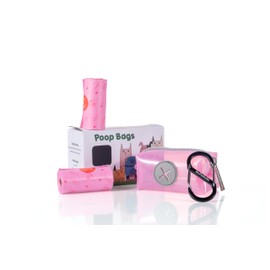 BoPaBeBo Dog Poop Bag Holder, Pink Dog Bag Holder for Leash and 1 S-Shape Carabiner Clip, 2 Pink Dog Poop Bags Rolls (30 Count, Scented)