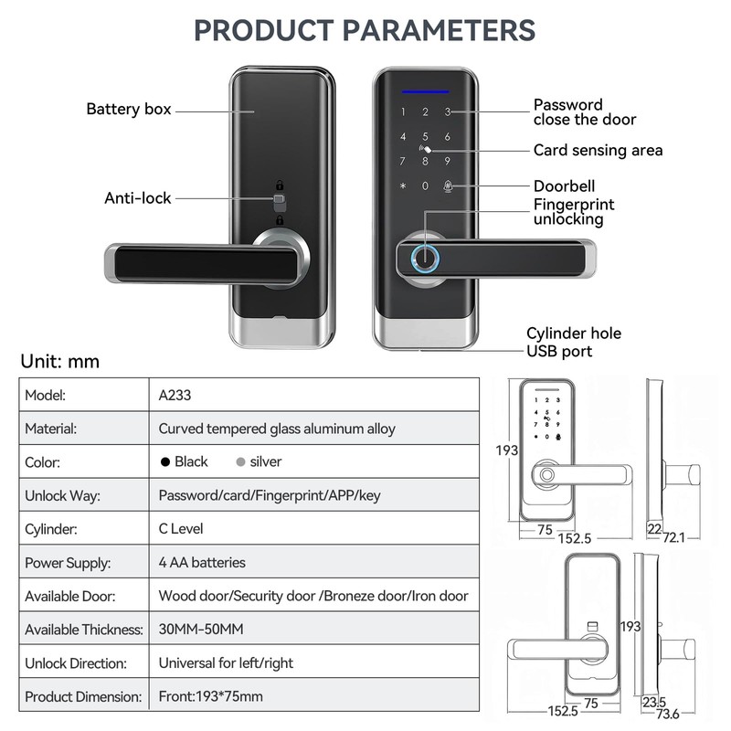GEKRONE Smart Front Door Lock with Lever Handle, Keyless Entry