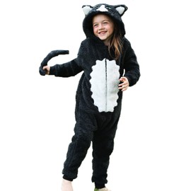 Onesie for Boys or Girls Fluffy Black White Cat with Tail -Animal Costumes AllinOnes in Kids Age 3-4 Years BW CAT