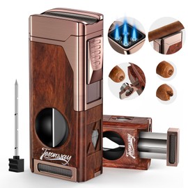 Tesonway Cigar Torch Lighter, 4 Jet Flame Cigar Lighter with Cigar Cutter V Cut Cigar Accessories Cigar Holder Cigar Punch Cigar Draw Enhancer, Windproof Refillable Butane Lighter, Cigar Gifts for Men