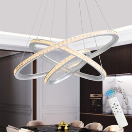 Jyforid Modern LED Chandelier Silver Crystal Chandeliers 3 Ring Pendant Light Dimmable Contemporary Chandelier for Dining Room Kitchen Bedroom Living Room, 3000K-6000K