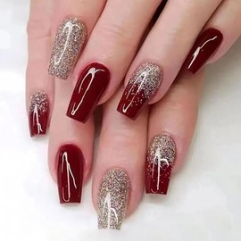 24Pcs Wine Red Press on Nails Square Medium Fake Nails Spring Nail Art Tips Full Cover Cute Gold Glitter Acrylic Nails Glossy Designs Coffin Nails for Women and Girls Nail Decoration