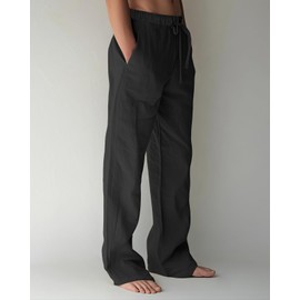 BUXKR Men's Linen Pants Beach Casual Cotton Summer Lightweight Elastic Waist Drawstring with Deep Pockets Black