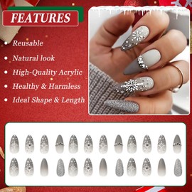 24Pcs Christmas False Nails Almond Long, Silver Gradient Press on Nails Ballerina French Fake Nails, Acrylic Glue on Nails with Snowflake & Rhinestones Design, Stiletto Stick on Nails for Women Girls