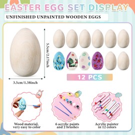 Gerrii 12 Set Unfinished Wooden Easter Eggs 2.17 x 1.38 Inches Unpainted Wooden Craft Eggs for Painting Colorful Acrylic Marker with Acrylic Paint for Easter DIY Crafts Decoration