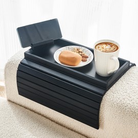 LOVYANXUE Bamboo Sofa Arm Tray Armrest Table with 360° Rotating Phone Holder, Anti Falling Couch Arm Tray, Foldable and Portable Sofa Armrest Tray Cup Holder for Drink,Cups, Phone, Snacks, Remote