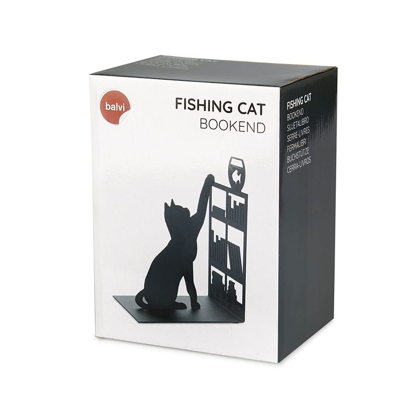 balvi Bookend Fishing Cat Black Colour Bookend with Decorative Figure