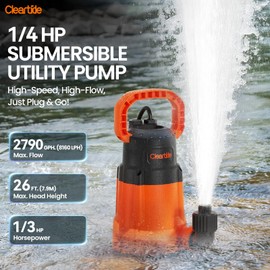 Cleartide Submersible Sump Pump, 1/3 HP Utility Water Pump for Pool Draining, Hot Tub, Basement,100% Copper Motor, Electric Drain Pump Handles 3/8" Solids, 10 FT Cord