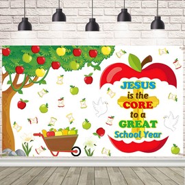 AIBIIN 7x5ft Jesus is The Core to a Great School Year Banner Jesus Backdrop Set Fall Bulletin Board Apple for Bible Religious Classroom Sunday School Chalkboard Wall Decor