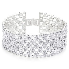 Sparkling Flower Weaved Rhinestones Pave Cluster Wide Bangle Bracelet(CA)
