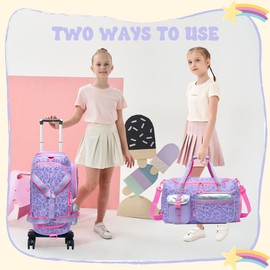Girls Rolling Duffel Bag with Wheels - Travel Bag for Kids, Overnight, Dance & Gym Use with Shoe Compartment