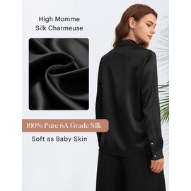 LilySilk Silk Shirts for Women Basic Formal Office Vintage Long Sleeve Pearl Button Down Silk Blouse Tops for Ladies Black L