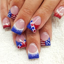 4th of July Press on Nails Short Square Fake Nails with American Flag Star Glitter Design 4th of July Patriotic False Nails Independence Day Red Glitter French Glue on Nails Acrylic Nails for Women
