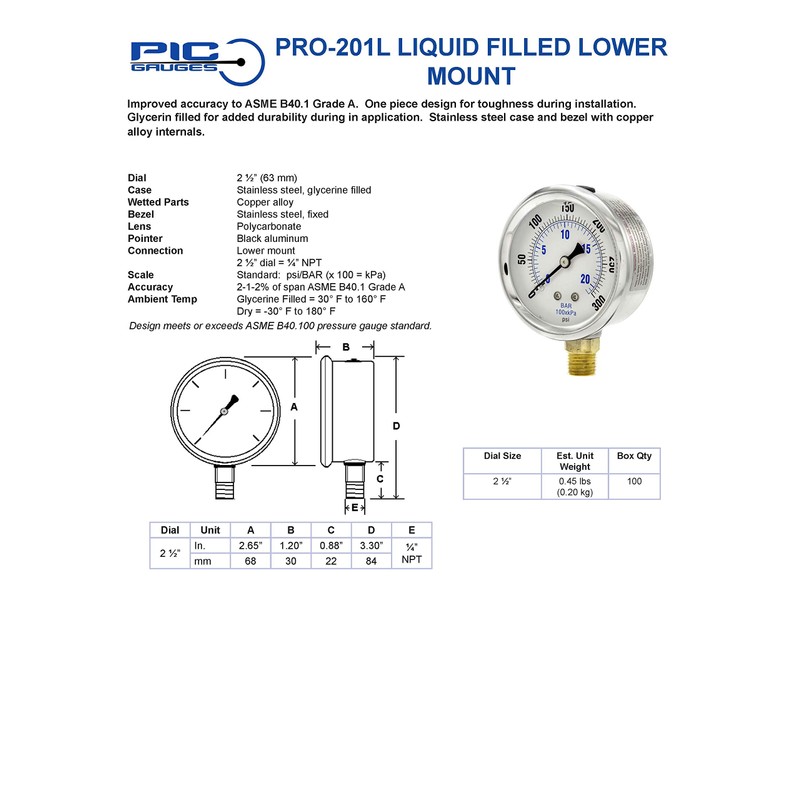 PIC Gauges PRO-201L-254J 0-500 PSI Pressure Gauge, 2 1/2" Dial,
