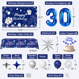 Blue 30th Birthday Decorations for Him Her, 30th Silver and Navy Blue Birthday Decorations for Men Women with Happy Birthday Backdrop Banner Tablecloth Balloons Arch Foil Balloons Party Supplies