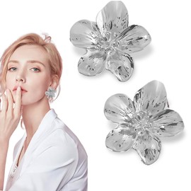 SIVZUMO 1 Pair of Large Flower Earrings, Silver Flower Drop Earrings, Boho Statement Flower Earrings, Silver, Hypoallergenic Fashion Jewellery for Women
