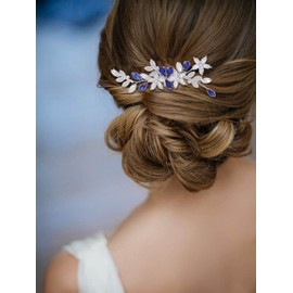 IYOU Crystal Wedding Hair Comb for Women Blue Rhinestone Bridal Flowers Headpiece Prom Guest Hairpiece for Bride and Bridesmaids
