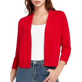 Urban CoCo Women's 3/4 Sleeve Lightweight Open Front Knit Sweater Cardigan (Red, L)