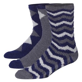 JAMES FIALLO Men's 3-Pairs Bed Socks For Elderly Blue Grey Argyle Accents Zigzags Patterned Or Solid Anti-Skid Soft Fuzzy Crew Socks, MZ02-A-T1