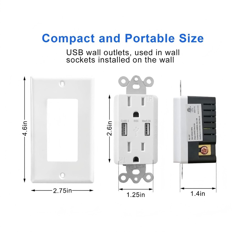 HANIVERSE 2-Port Type A USB Outlet, 15 Amp Receptacle Plug,