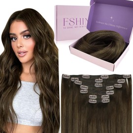 Fshine Extensiones De Clip De Pelo Humano 16 pulgadas Extensiones Clip Pelo Natural Balayage El Marrón Más Oscuro Para Marrón Claro Double Weft Clip in Extensions 120 Gramos 7 piezas Color 2 8 2
