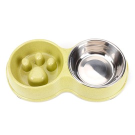 Tineer Double Pet Dog Slow Feeder Bowl,Stainless Steel Anti-Choke Puppy Food and Water Feeder for Dog Cats (Green)