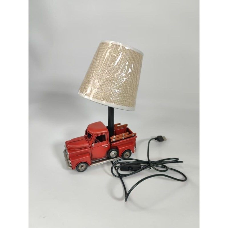 YCHTEWY-Unique Rustic Red Vintage Truck USB Table Lamp with Burlap