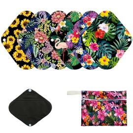 Paquete de 7 almohadillas de tela, incluye 1 mini bolsa húmeda + 6 almohadillas menstruales de tela de carbón de bambú de 8 pulgadas, almohadillas sanitarias reutilizables, forro de bragas para mamá (todos los estampados aleatorios)