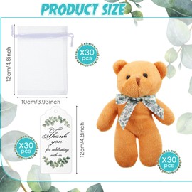 Wettarn 30 Sets Bear Baby Shower Favors Small Bears Bulk Tiny Plush Bears 4.72 Inch Little Bears with Thank You Tags and Mesh Bags Mini Stuffed Animals for DIY Keychain Birthday Decorations(Brown)