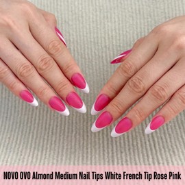 NOVO OVO White French Tip Almond Nail Tips Press on ROSE PINK, Extra Thick Medium Soft Gel Fake Nail Acrylic Extension, Need Builder Gel Top Coat, No Glue Included, for Salon DIY x 15 Sizes 240 pcs