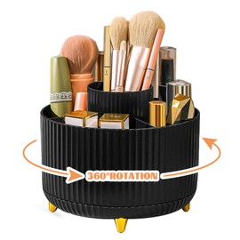 360° Drehbar Make up Organizer, Pinselhalter Kosmetik Aufbewahrung mit 5 Fächern, Aesthetic Schminktisch Organizers für Zimmer Decor Frisiertisch, Schlafzimmer,Badezimmer Organisation (Schwarz)