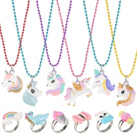 Yocharm 12 PCs Kids Necklaces Rings for Girls Sparkling Rainbow Unicorn Party Favors Birthday Gifts Dress up & Pretend Play Necklace Toddler Costume Jewelry for Little Girls