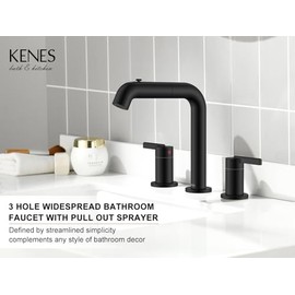KENES Matte Black Pull Out Bathroom Faucet, 8 Inch 2 Handle Widespread Bathroom Faucet 3 Hole with Pull Down Sprayer, Bathroom Sink Faucet with Pop Up Drain & Supply Lines LJ-9058A-2