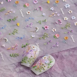 Stickers de uñas con flores para arte de uñas - Pegatinas de flores para uñas de verano, hojas florales, planta 5D en relieve, calcomanías de uñas autoadhesivas, suministro para manicura, deslizadores