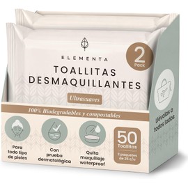 Elementa Toallitas Desmaquillantes, Toallitas Húmedas para Desmaquillar Ojos y Rostro, con Aloe Vera y Vitamina E, Hipoalergénicas, Biodegradables 50 Toallitas (2 paquetes de 25)