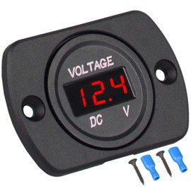 DC 12V 24V Car Voltmeter with LED Digital Display and Mounting Plate, Waterproof Voltage Gauge Meter with Terminals for Boat Marine Vehicle Motorcycle Truck, Round Voltage Gauge Meter with Red Light
