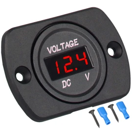 DC 12V 24V Car Voltmeter with LED Digital Display and Mounting Plate, Waterproof Voltage Gauge Meter with Terminals for Boat Marine Vehicle Motorcycle Truck, Round Voltage Gauge Meter with Red Light
