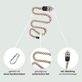 h2i Climbing rope for children, climbing rope without knots, rope for climbing for play tower, tree house and climbing tower, rope including locking ring and carabiner, outdoor climbing toy, length 2