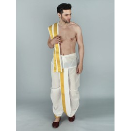 Snow-White Cotton Dhoti and Veshti Ready To Wear Set with Rich Broad Zari Woven Border - Pure Cotton