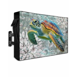 Ocean Outdoor TV Cover 43 Inch Weatherproof, Sea Turtle Nautical Map TV Covers for Outside, 600D Thick Waterproof Outdoor TVs Screen Protector with Zipper for 40 to 43 inch Screens